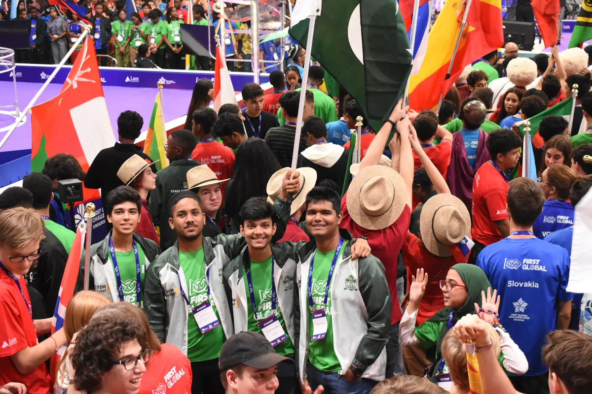 Students from around the world celebrating together at FIRST Global